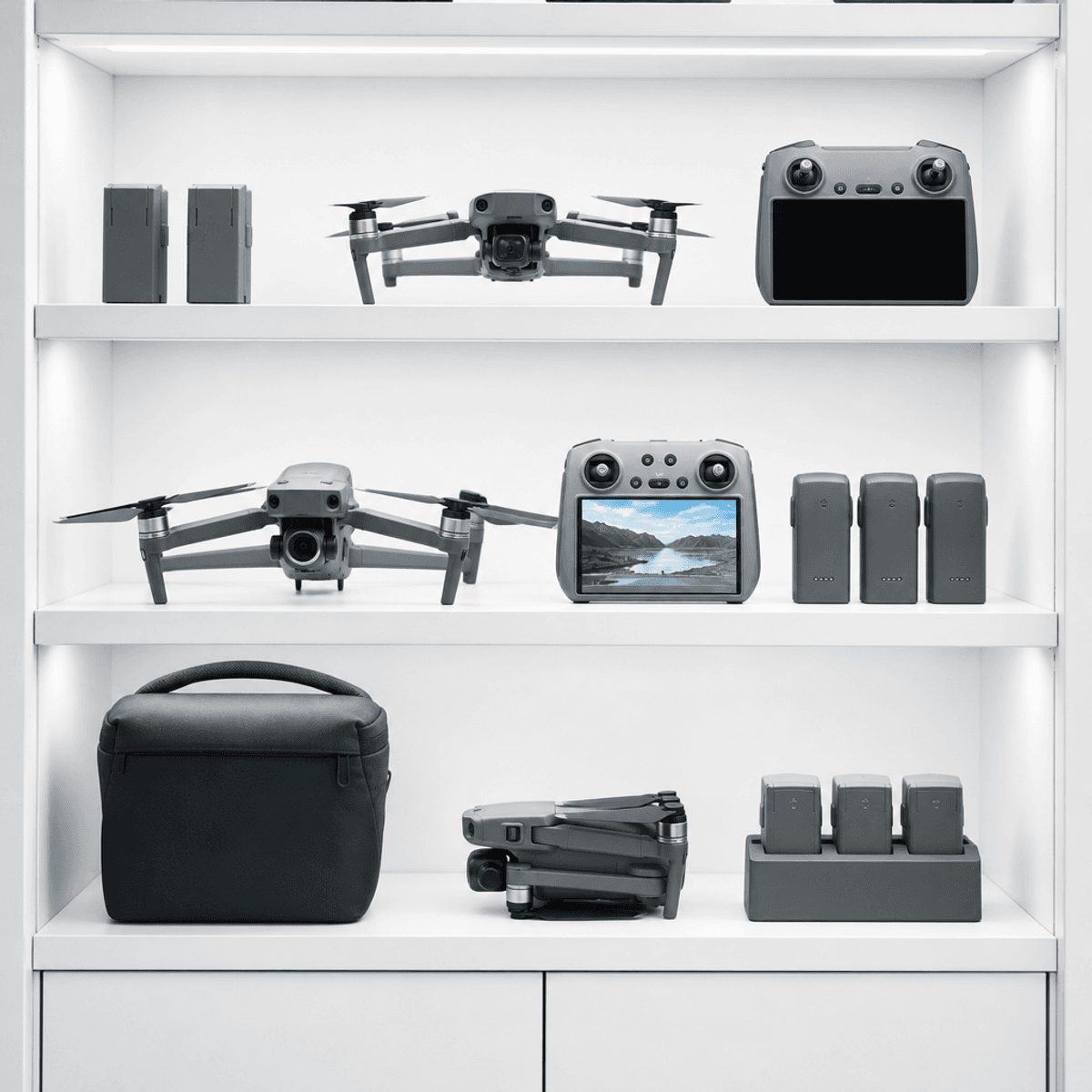 Modern drone shop display with drones and accessories