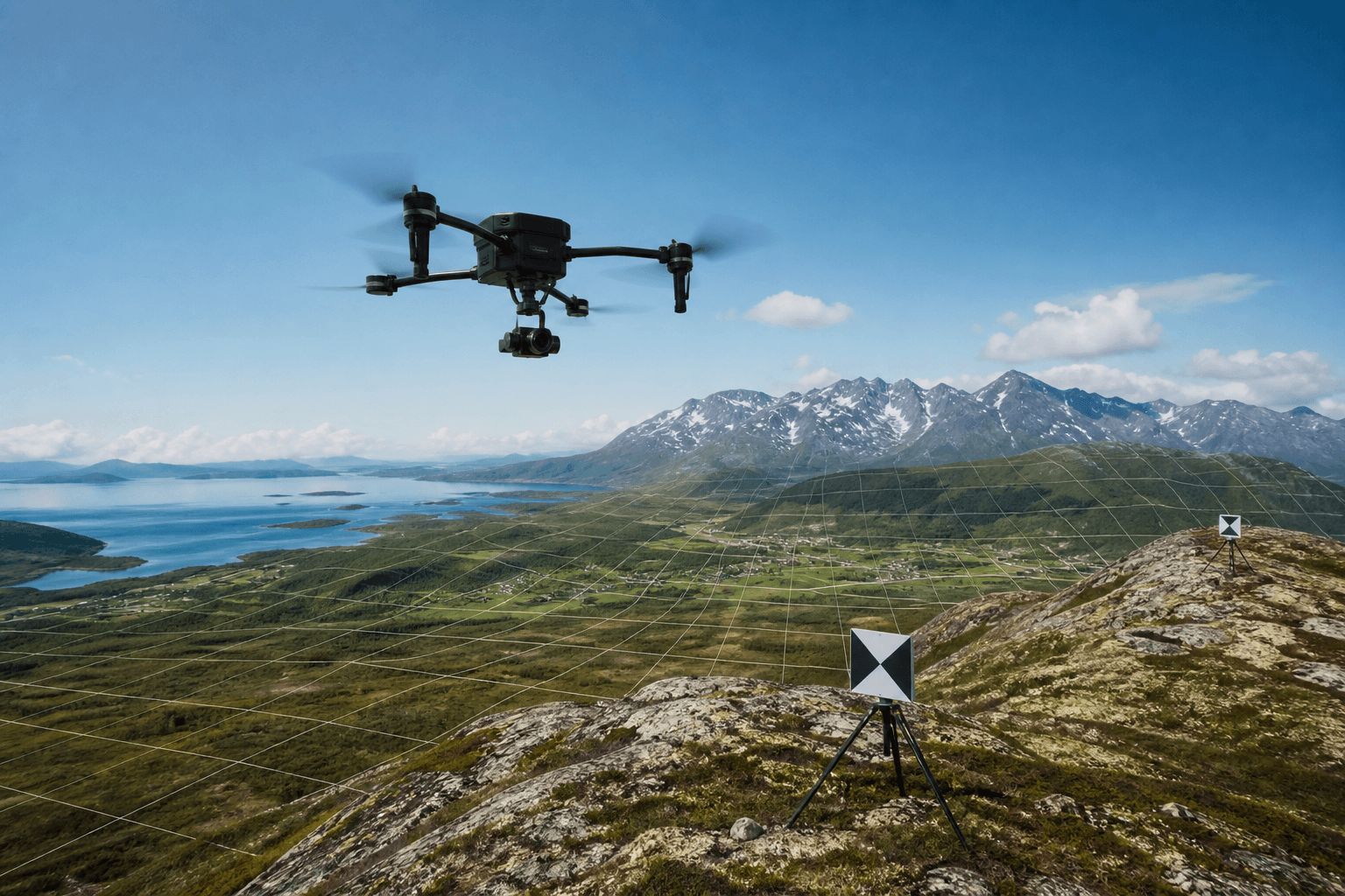 Drone surveying mission with mapping grid over terrain
