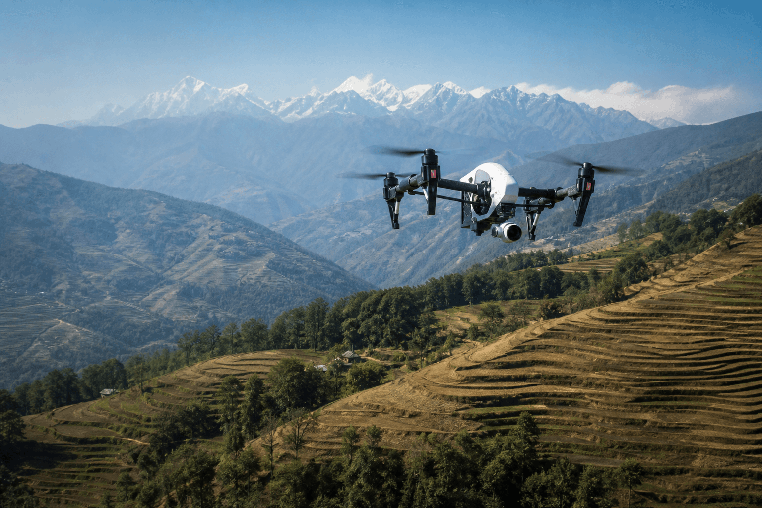 Professional survey drone flying over terraced hills in Nepal